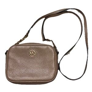 Michael Kors Fulton Crossbody‎ Bag Beige Gold Camera Pebbled Leather Mini